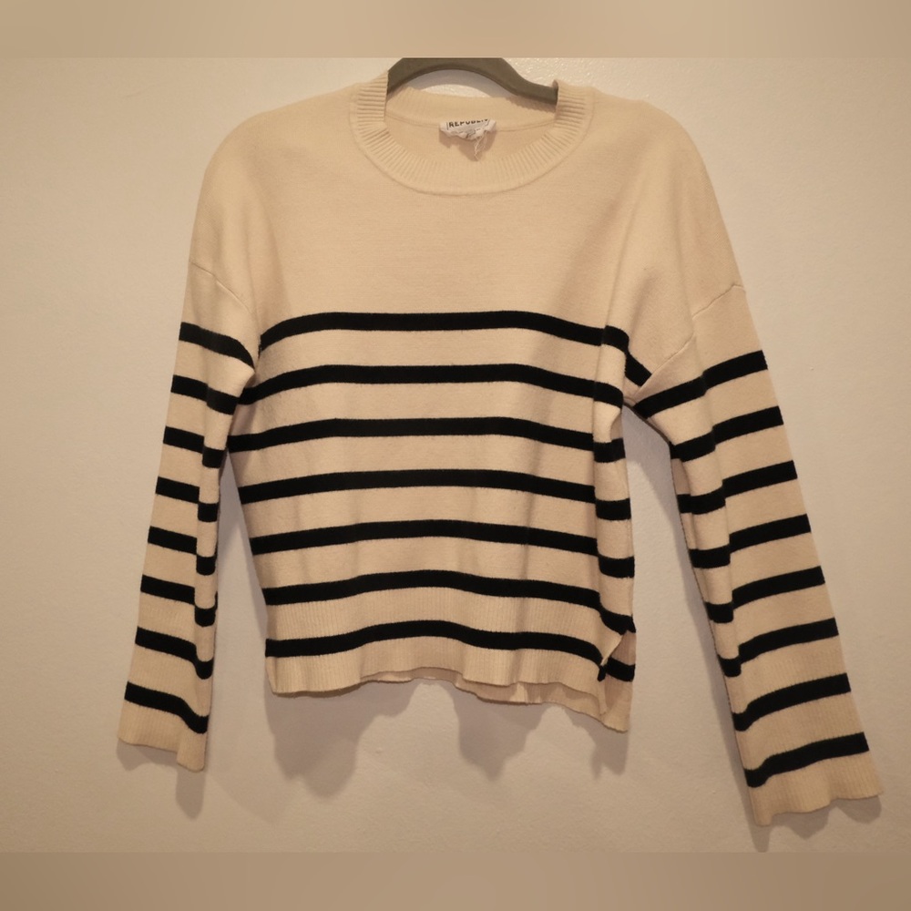 For The Republic Black and White Striped Crew Neck Sweater